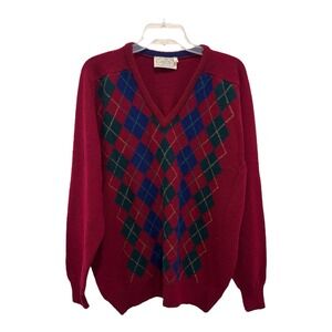 Vintage Blarney Woollen Mills Sweater Mens 44 Large Red Argyle Lambswool Ireland